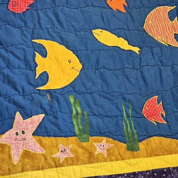90s Beach Themed Tropical Kids Quilt Ocean Fish Appliques Full Size Under Sea‎ - Picture 8 of 11